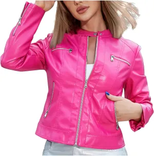 Women Faux Leather Casual Jacket, Fall and Spring Fashion Motorcycle Bike Coat Zip Up Short Moto Jackets with Pockets