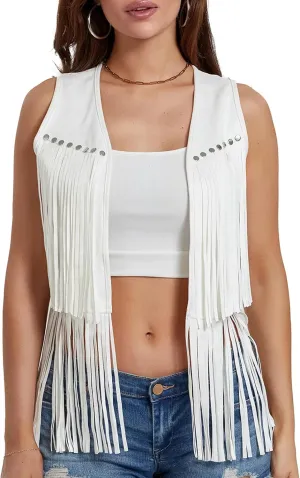 Women Fringe Vest 70s Hippie Costume Sleeveless Rivets Tassel Open Front Faux Suede Waistcoat Western Vest