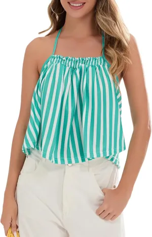 Women Halter Tank Top Peplum Camisole Striped Backless Sleeveless Ruffle Crop Top Pleated Flowy Y2k Cami Shirt