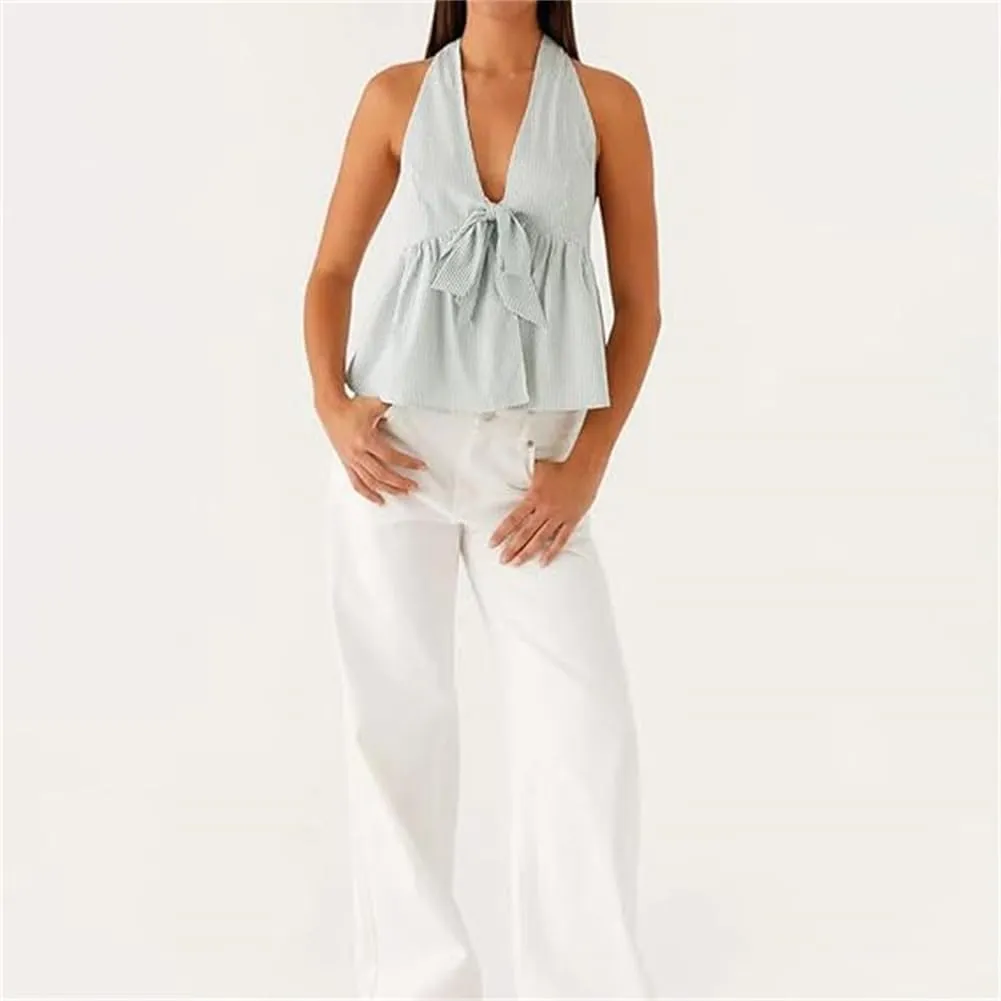 Women Halter Tank Top Peplum Camisole Striped Backless Sleeveless Ruffle Crop Top Pleated Flowy Y2k Cami Shirt