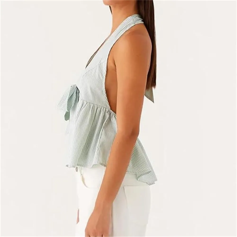 Women Halter Tank Top Peplum Camisole Striped Backless Sleeveless Ruffle Crop Top Pleated Flowy Y2k Cami Shirt