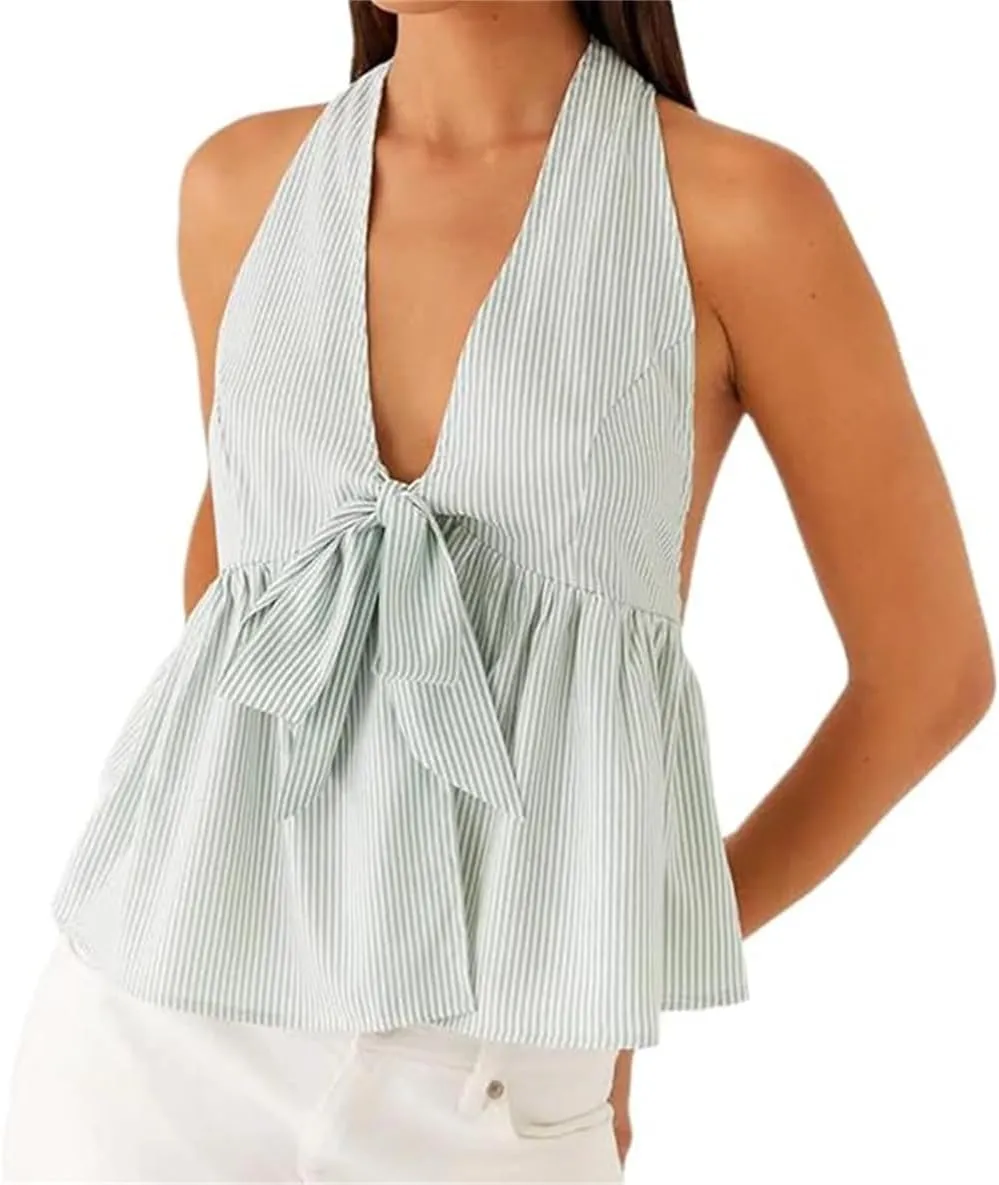 Women Halter Tank Top Peplum Camisole Striped Backless Sleeveless Ruffle Crop Top Pleated Flowy Y2k Cami Shirt