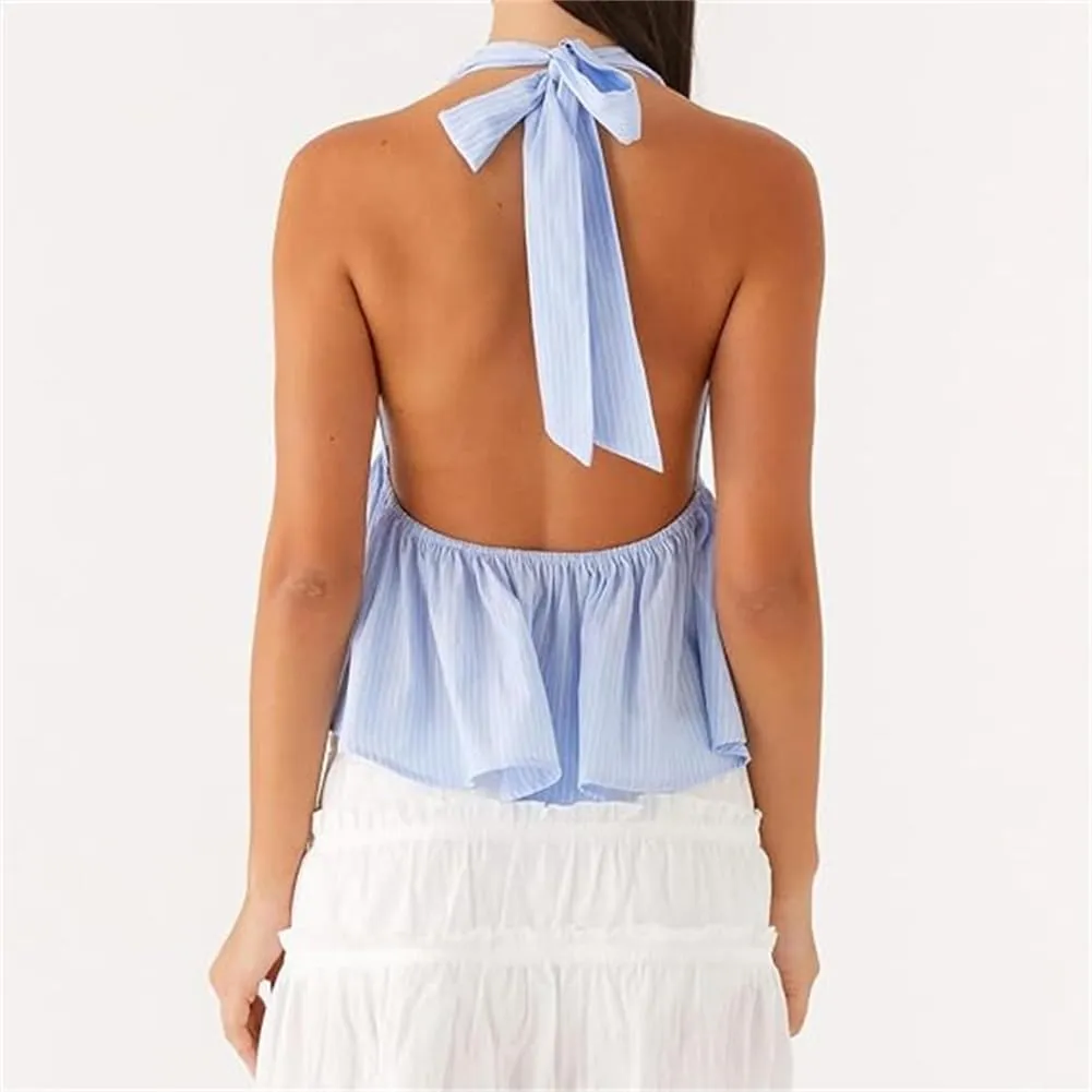 Women Halter Tank Top Peplum Camisole Striped Backless Sleeveless Ruffle Crop Top Pleated Flowy Y2k Cami Shirt