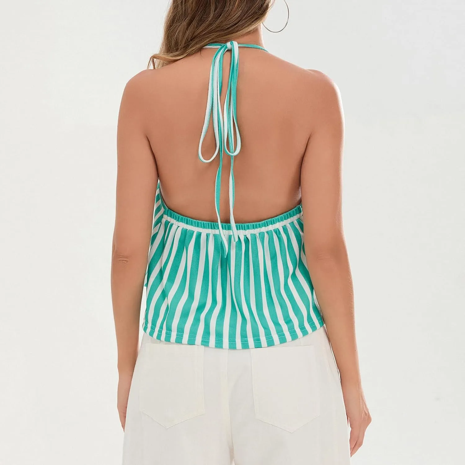 Women Halter Tank Top Peplum Camisole Striped Backless Sleeveless Ruffle Crop Top Pleated Flowy Y2k Cami Shirt