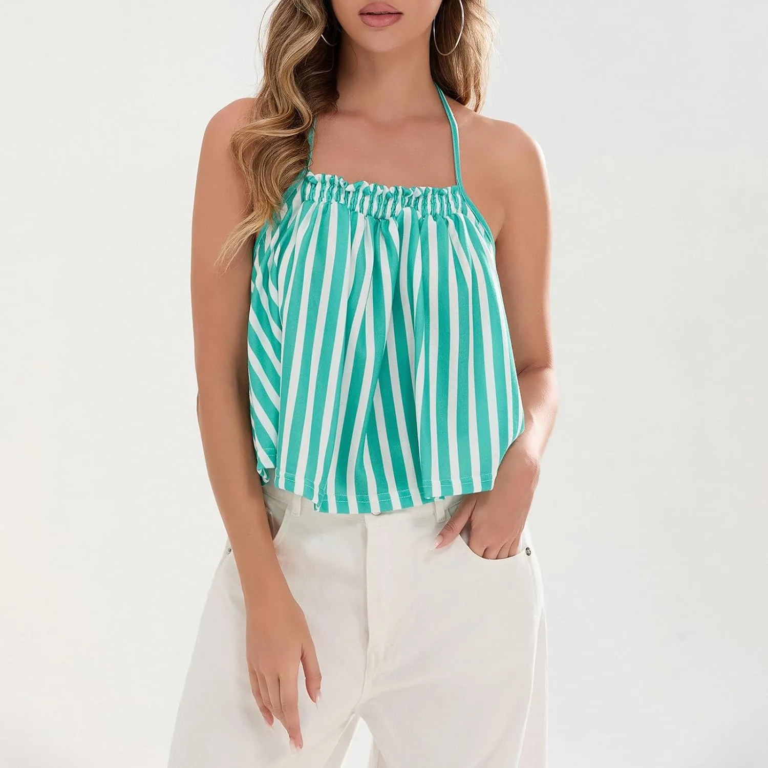 Women Halter Tank Top Peplum Camisole Striped Backless Sleeveless Ruffle Crop Top Pleated Flowy Y2k Cami Shirt