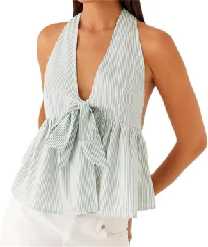Women Halter Tank Top Peplum Camisole Striped Backless Sleeveless Ruffle Crop Top Pleated Flowy Y2k Cami Shirt
