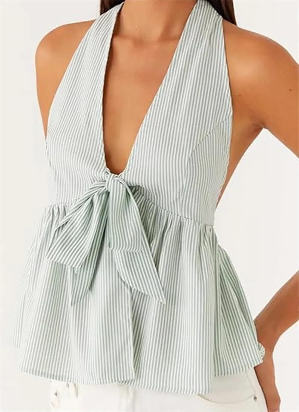 Women Halter Tank Top Peplum Camisole Striped Backless Sleeveless Ruffle Crop Top Pleated Flowy Y2k Cami Shirt