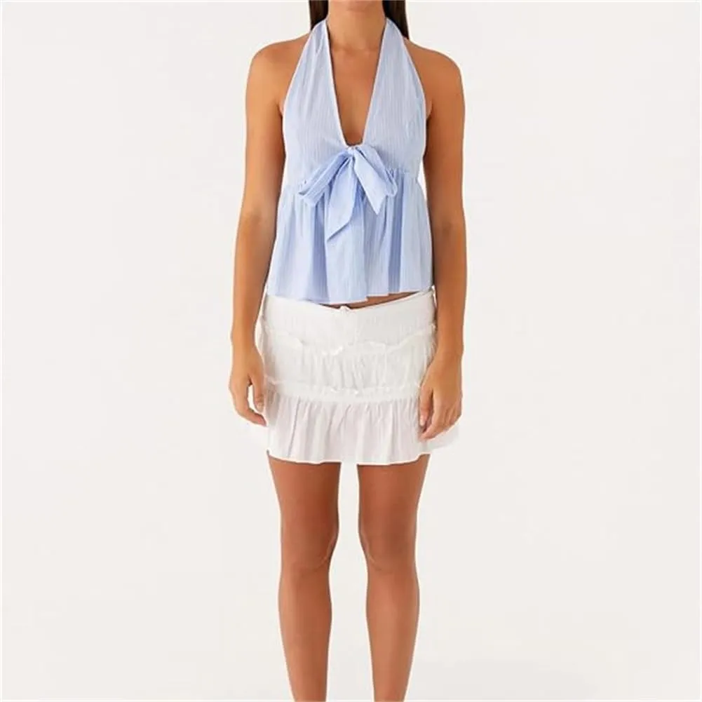 Women Halter Tank Top Peplum Camisole Striped Backless Sleeveless Ruffle Crop Top Pleated Flowy Y2k Cami Shirt