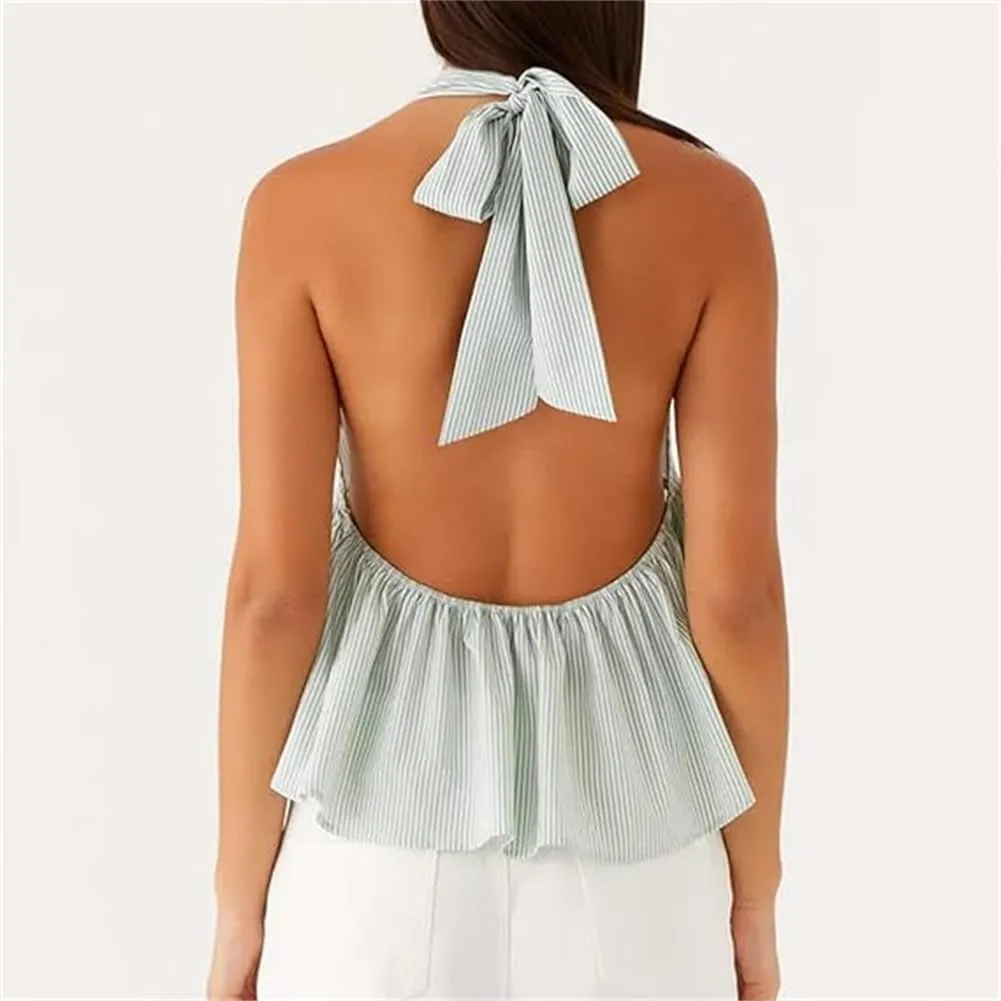 Women Halter Tank Top Peplum Camisole Striped Backless Sleeveless Ruffle Crop Top Pleated Flowy Y2k Cami Shirt
