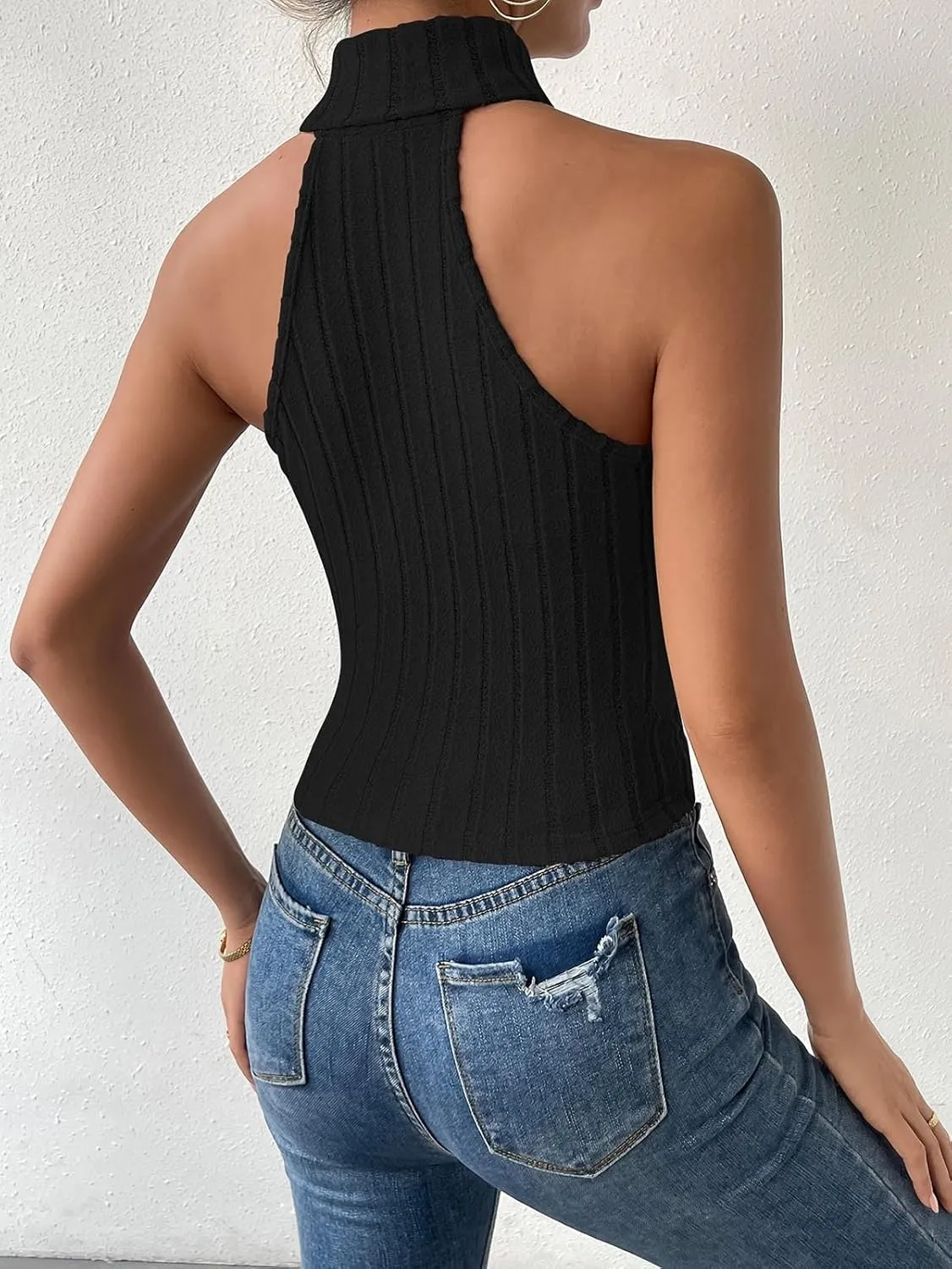 Women Knitted Tops Sleeveless High Neck Tank Top Turtleneck Stretchable Fitted Crop Top Summer Knit Sweater Vest