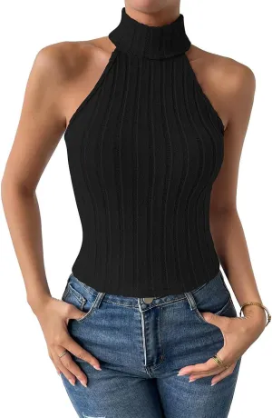 Women Knitted Tops Sleeveless High Neck Tank Top Turtleneck Stretchable Fitted Crop Top Summer Knit Sweater Vest