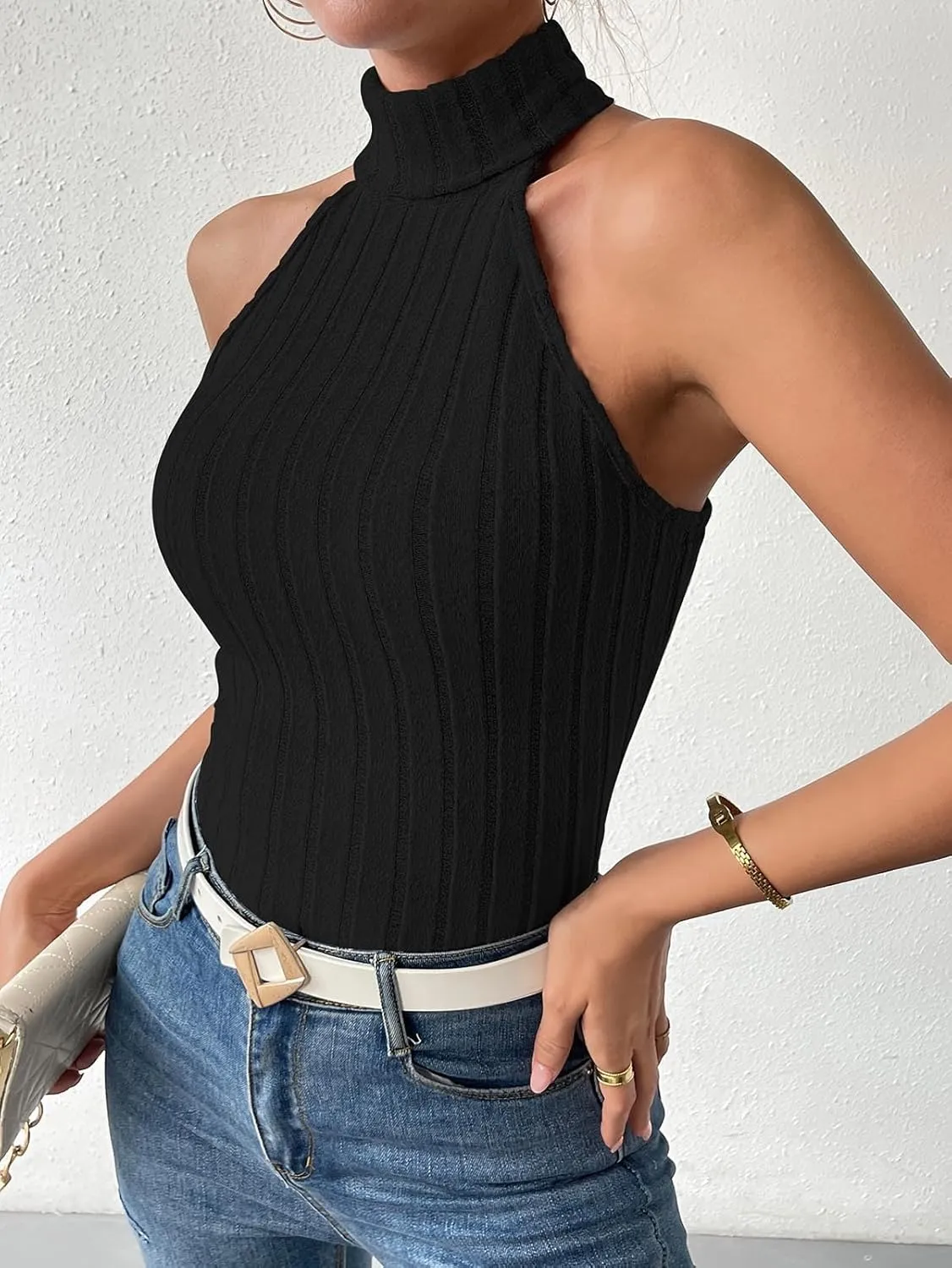 Women Knitted Tops Sleeveless High Neck Tank Top Turtleneck Stretchable Fitted Crop Top Summer Knit Sweater Vest