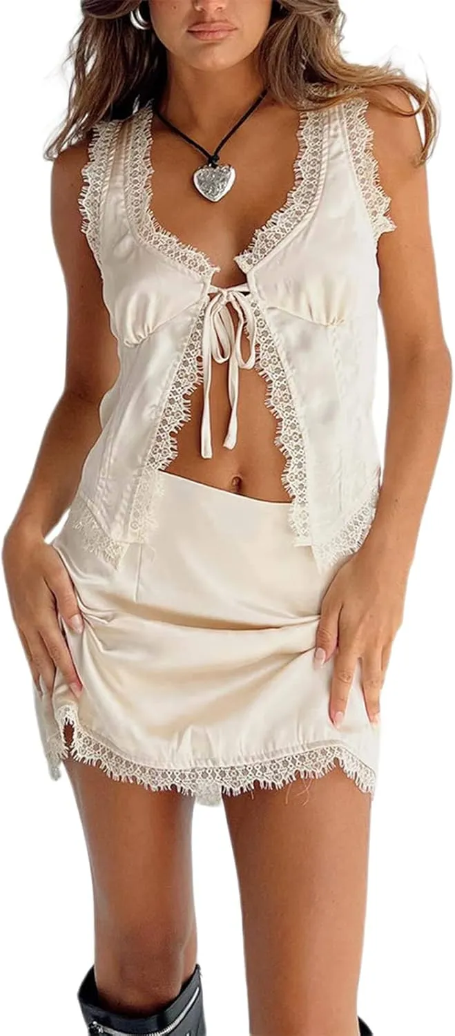 Women Lace Frill Crop Top Tie Front Bandage Vest Top Lace Camisole E Girl Vintage Streetwear