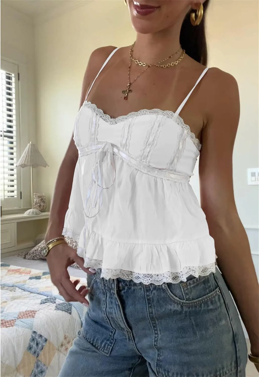 Women Lace Trim Cami Top Y2k Bow Ruffle Hem Peplum Sleeveless Crop Tank Top Cute Babydoll Camisole