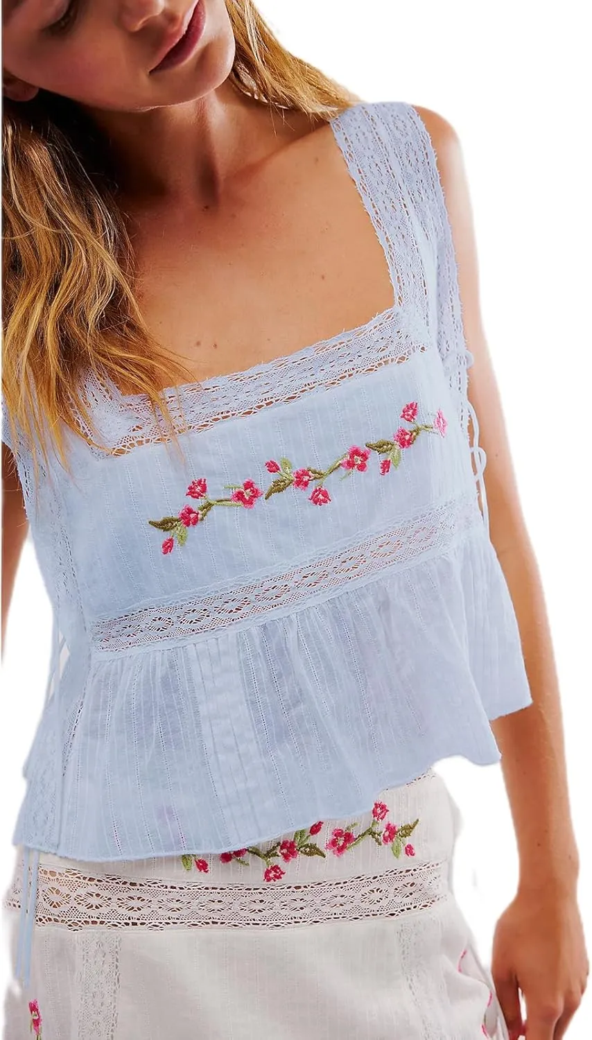 Women Lace Trim Tie Side Vest Tops Y2K Cute Sleeveless Square Neck Floral Embroidered Crop Tank Tops