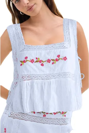 Women Lace Trim Tie Side Vest Tops Y2K Cute Sleeveless Square Neck Floral Embroidered Crop Tank Tops