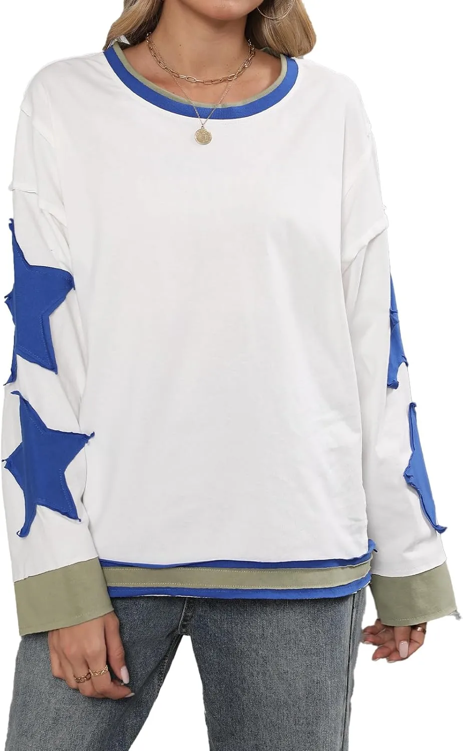 Women Oversized Sweatshirt Star Graphic Drop Shoulder Sloutchy Fit Pullover Tops Y2k Long Sleeve Shirt