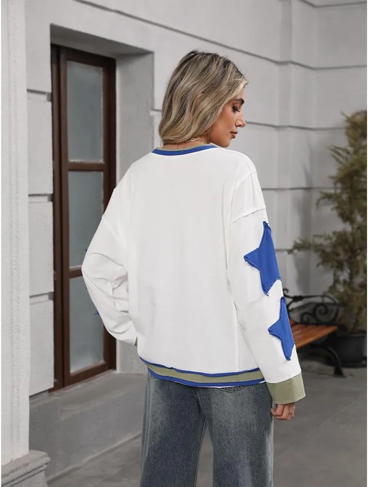 Women Oversized Sweatshirt Star Graphic Drop Shoulder Sloutchy Fit Pullover Tops Y2k Long Sleeve Shirt