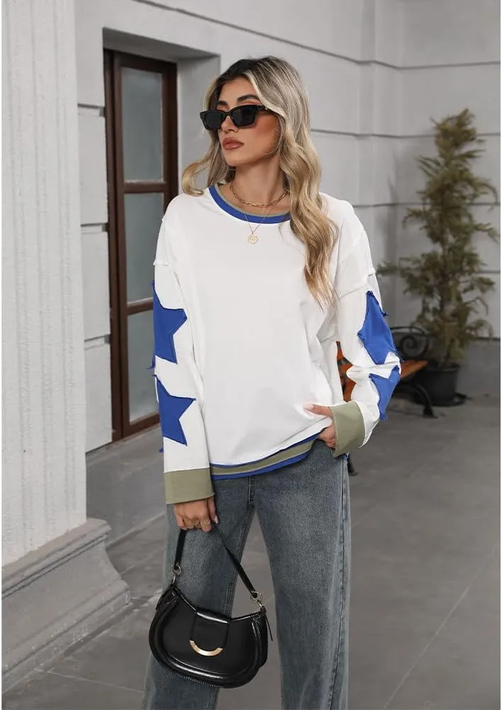Women Oversized Sweatshirt Star Graphic Drop Shoulder Sloutchy Fit Pullover Tops Y2k Long Sleeve Shirt