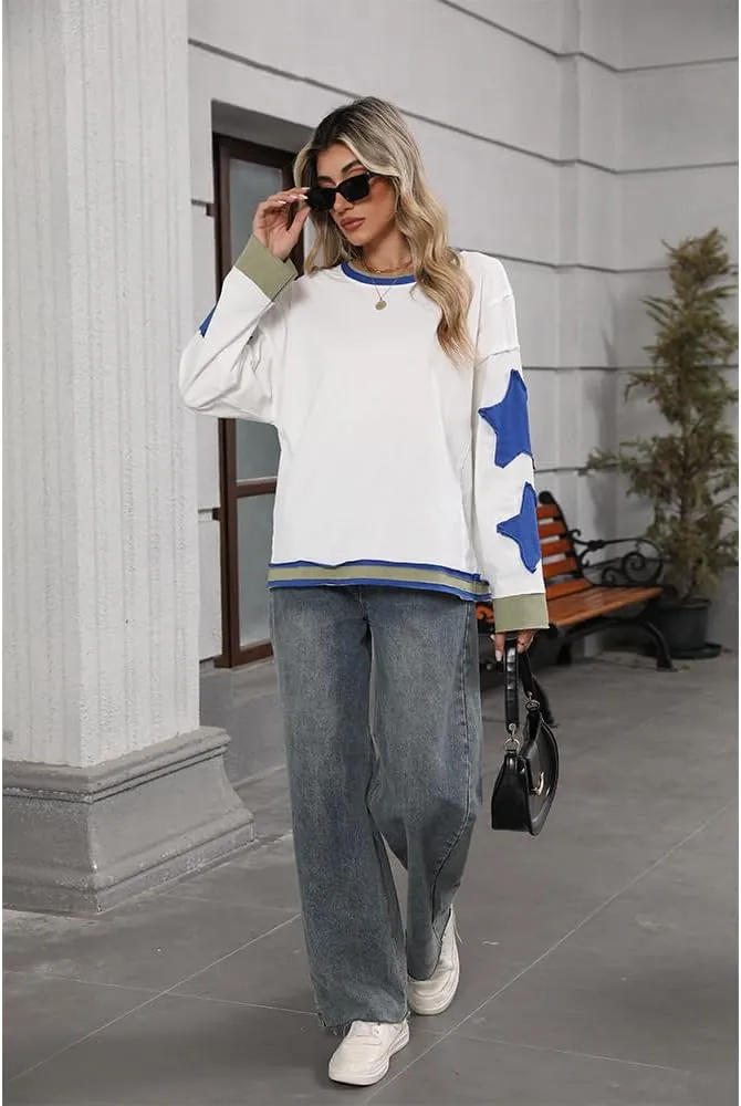 Women Oversized Sweatshirt Star Graphic Drop Shoulder Sloutchy Fit Pullover Tops Y2k Long Sleeve Shirt