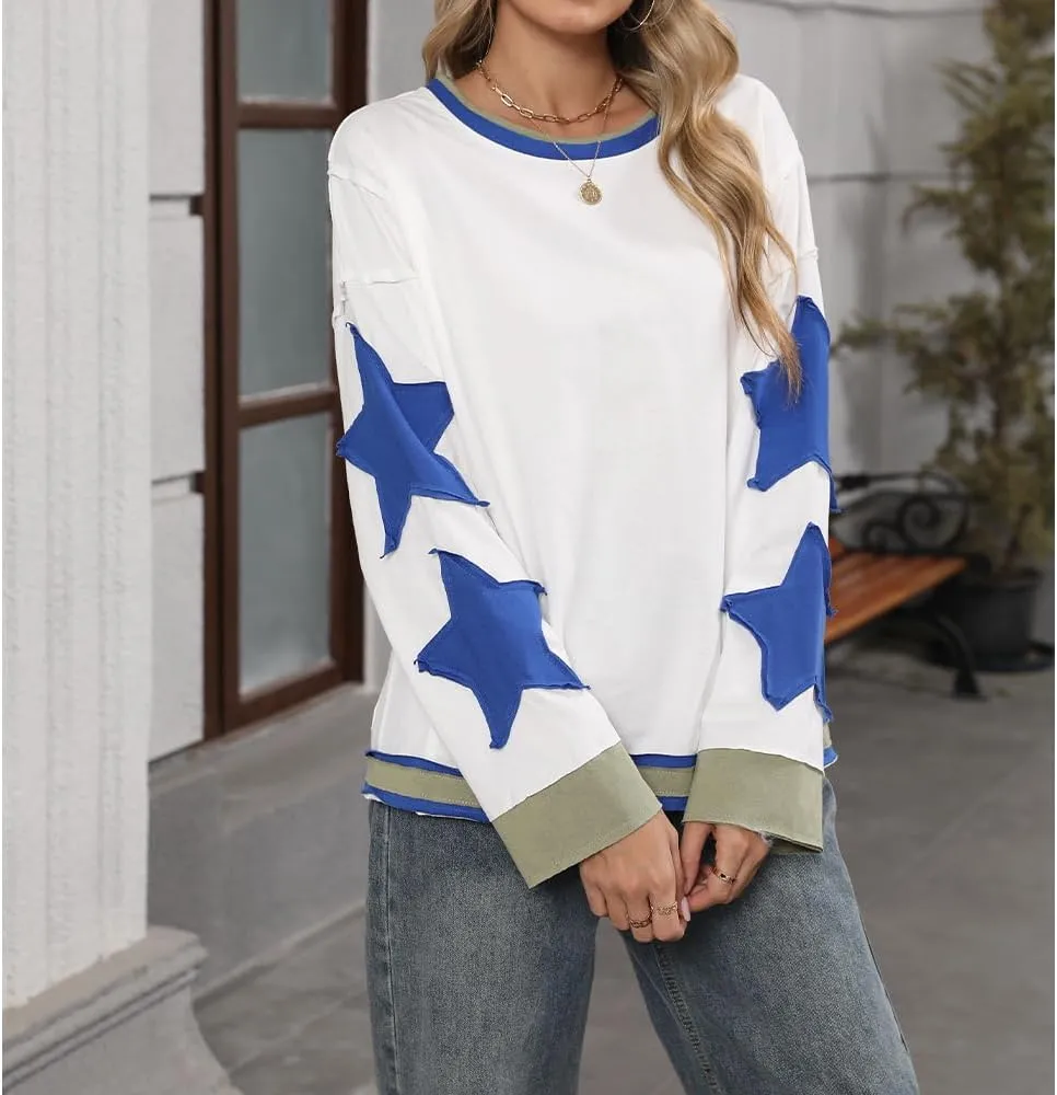 Women Oversized Sweatshirt Star Graphic Drop Shoulder Sloutchy Fit Pullover Tops Y2k Long Sleeve Shirt