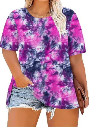 Women Plus Size Tops Short Sleeve Tunic Top Side Split Basic Tees Loose Fit Crewneck Shirts Summer Casual Blouses T Shirt Tie Dye3 XX-Large