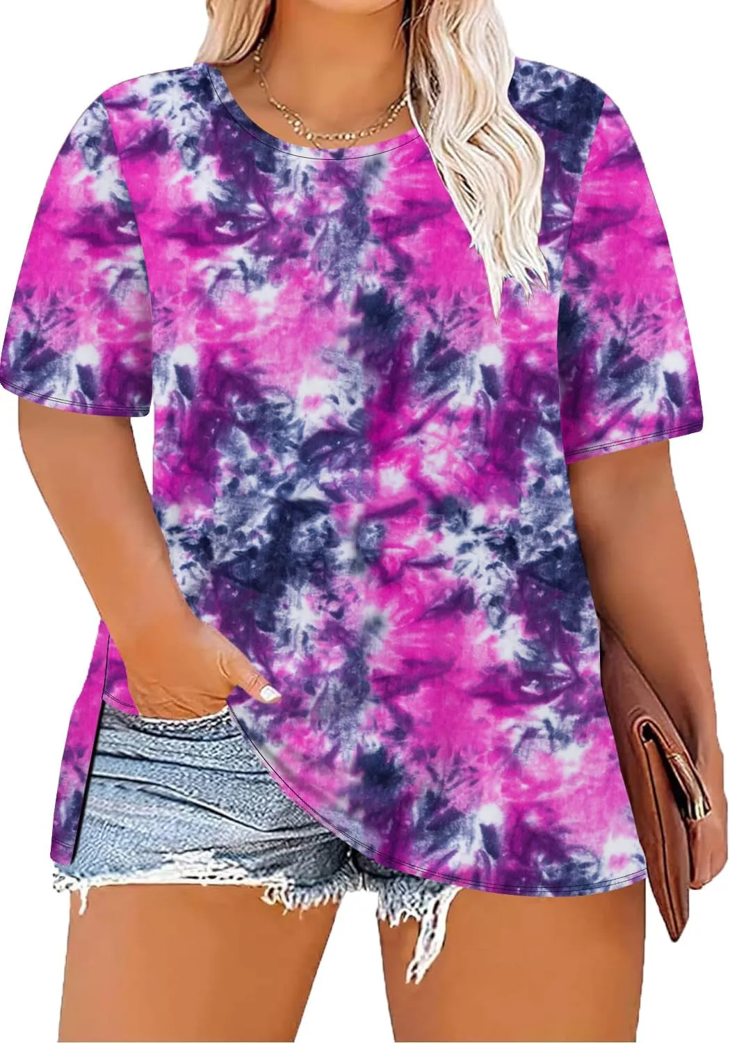 Women Plus Size Tops Short Sleeve Tunic Top Side Split Basic Tees Loose Fit Crewneck Shirts Summer Casual Blouses T Shirt Tie Dye3 XX-Large