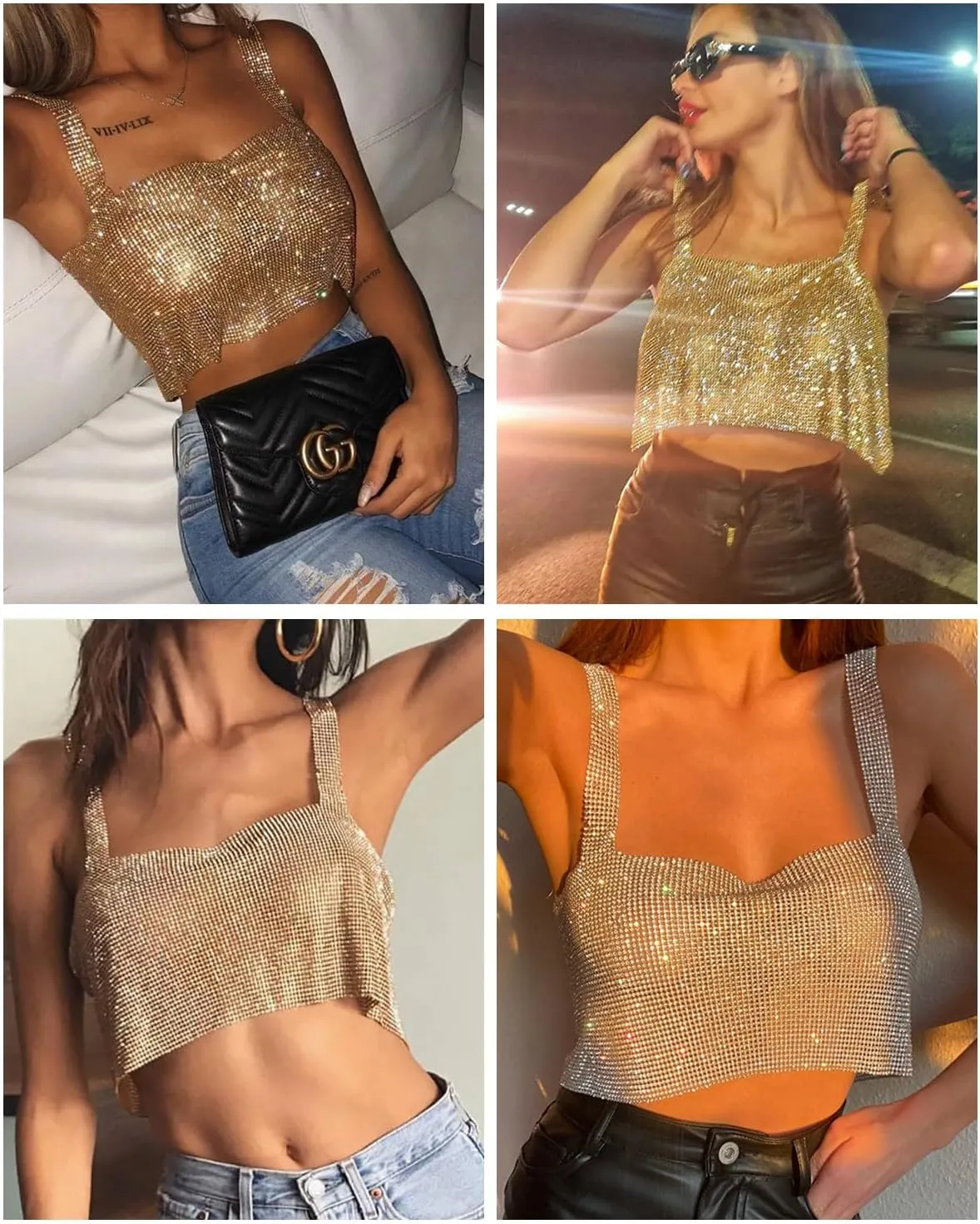 Women Rhinestones Tops Sexy Sparkly Crop Top Sleeveless Trendy Spaghetti Strap Tube Tank Top Rave Party Clubwear