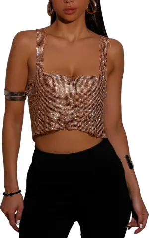 Women Rhinestones Tops Sexy Sparkly Crop Top Sleeveless Trendy Spaghetti Strap Tube Tank Top Rave Party Clubwear