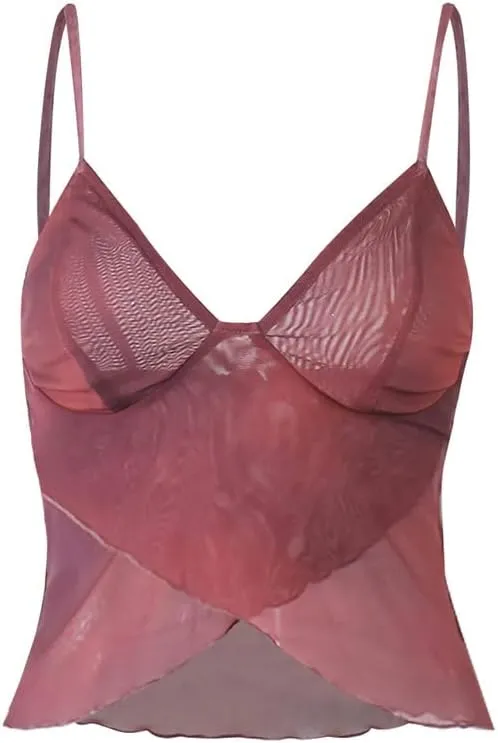 Women Ruffle Trim Crop Camisoles Sheer Mesh Backless Cami Top Open Front Crop Top Slim Fit Streetwear
