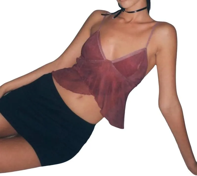 Women Ruffle Trim Crop Camisoles Sheer Mesh Backless Cami Top Open Front Crop Top Slim Fit Streetwear