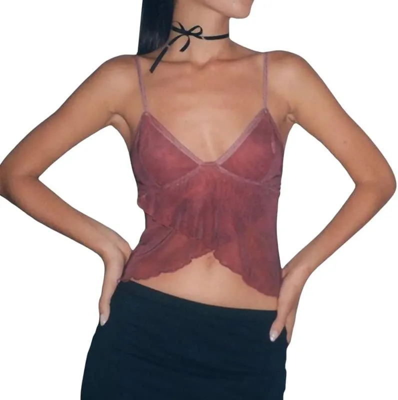 Women Ruffle Trim Crop Camisoles Sheer Mesh Backless Cami Top Open Front Crop Top Slim Fit Streetwear