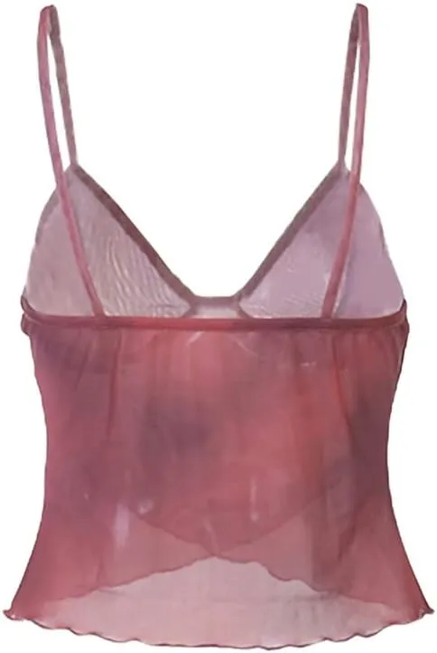 Women Ruffle Trim Crop Camisoles Sheer Mesh Backless Cami Top Open Front Crop Top Slim Fit Streetwear