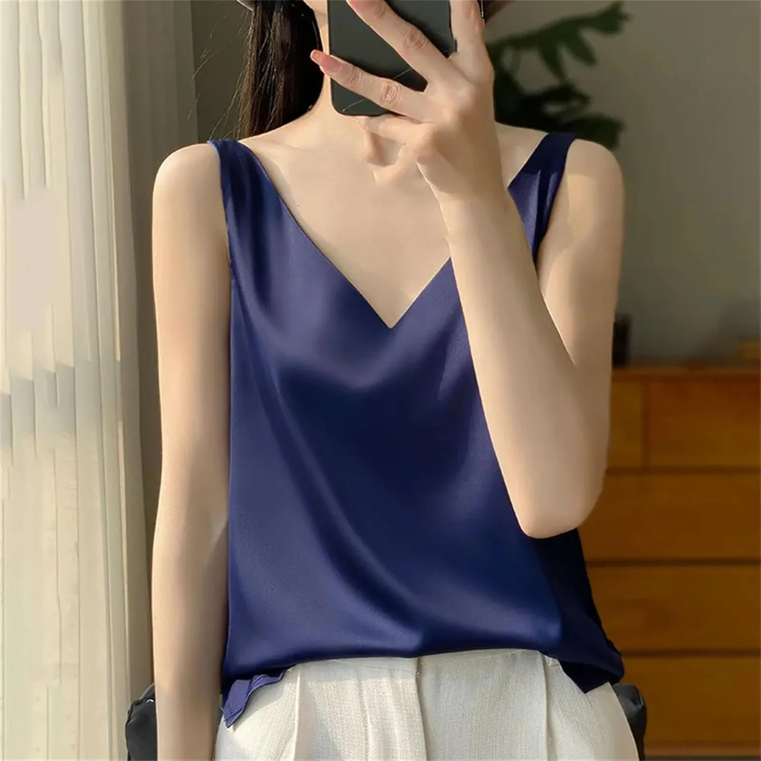 Women Satin Double Shoulder Camisole Tank Top V-Neck Sleeveless T-Shirt CropSolid Casual Basic Top