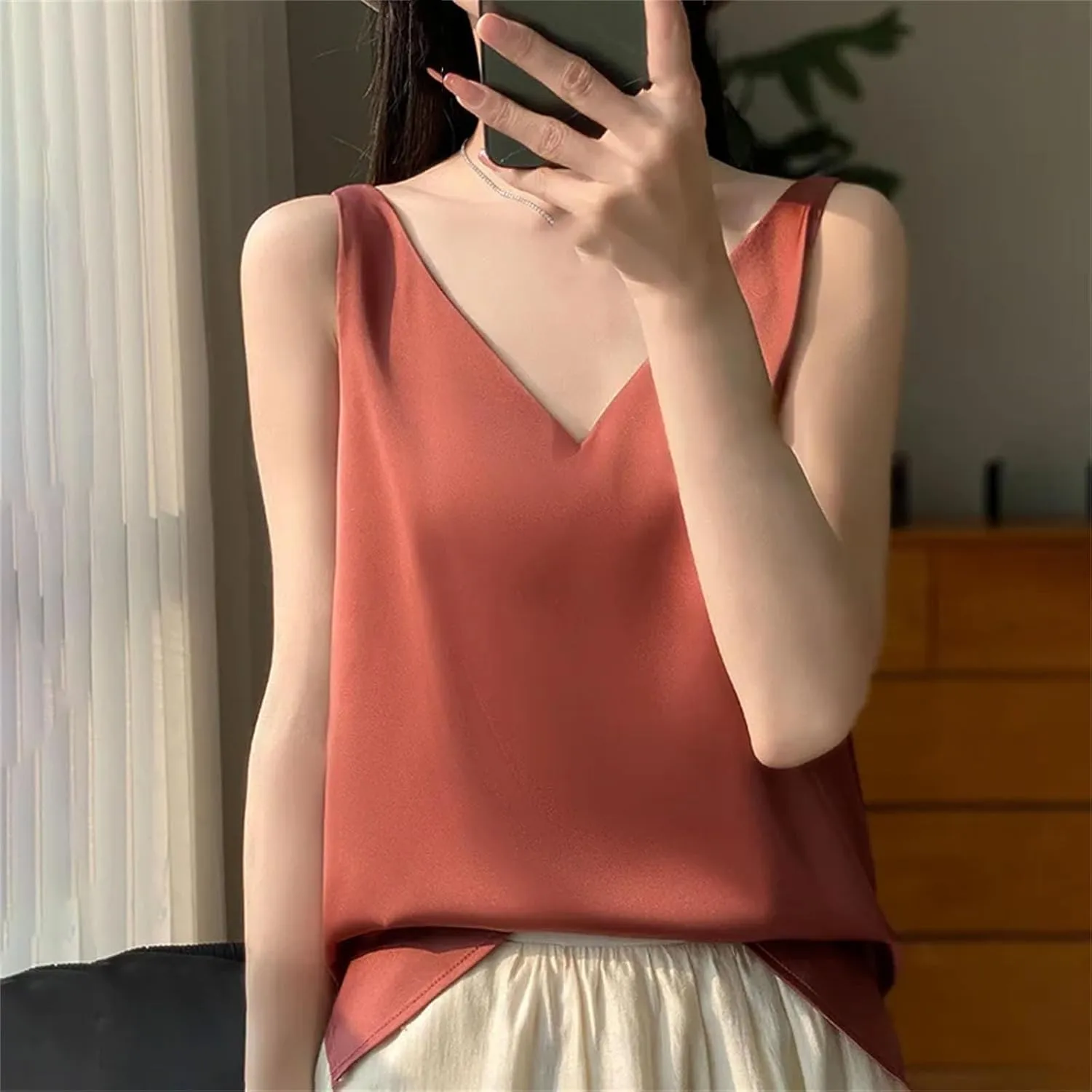 Women Satin Double Shoulder Camisole Tank Top V-Neck Sleeveless T-Shirt CropSolid Casual Basic Top