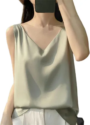 Women Satin Double Shoulder Camisole Tank Top V-Neck Sleeveless T-Shirt CropSolid Casual Basic Top