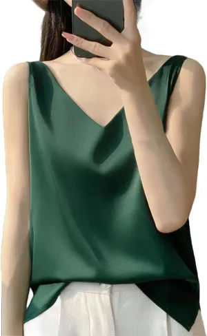 Women Satin Double Shoulder Camisole Tank Top V-Neck Sleeveless T-Shirt CropSolid Casual Basic Top