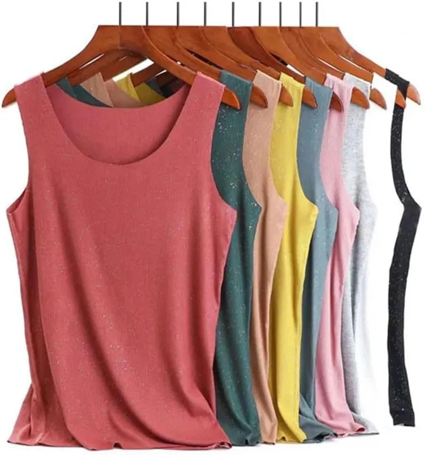 Women Shining Tank Tops Summer Camisole Vest Loose Ladies Neck Sexy Tee