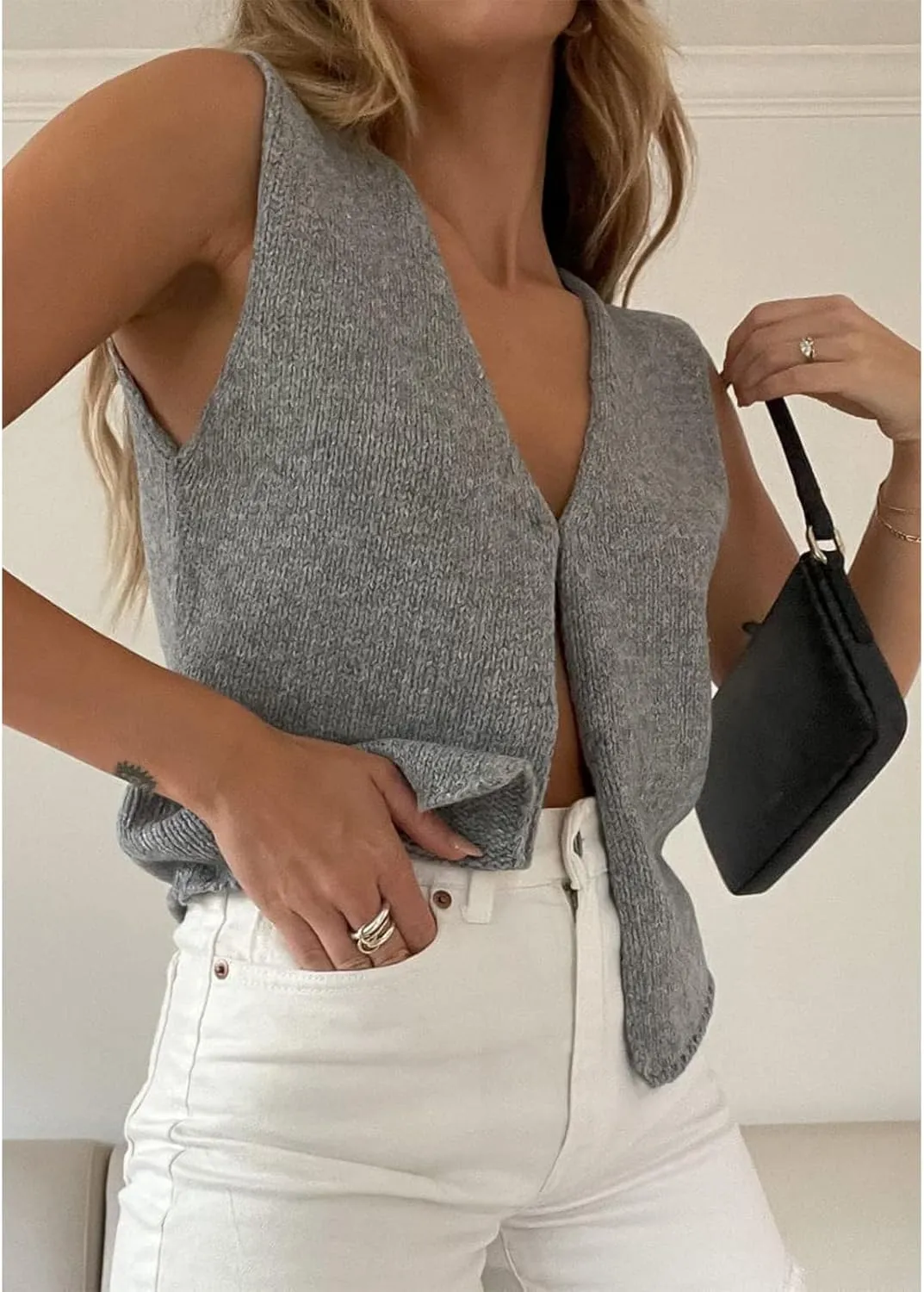 Women Vintage Crochet Vest Tank Top Y2k Sleeveless V Neck Knit Open Front Crop Top Streetwear