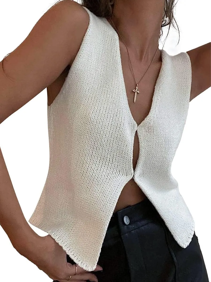 Women Vintage Crochet Vest Tank Top Y2k Sleeveless V Neck Knit Open Front Crop Top Streetwear