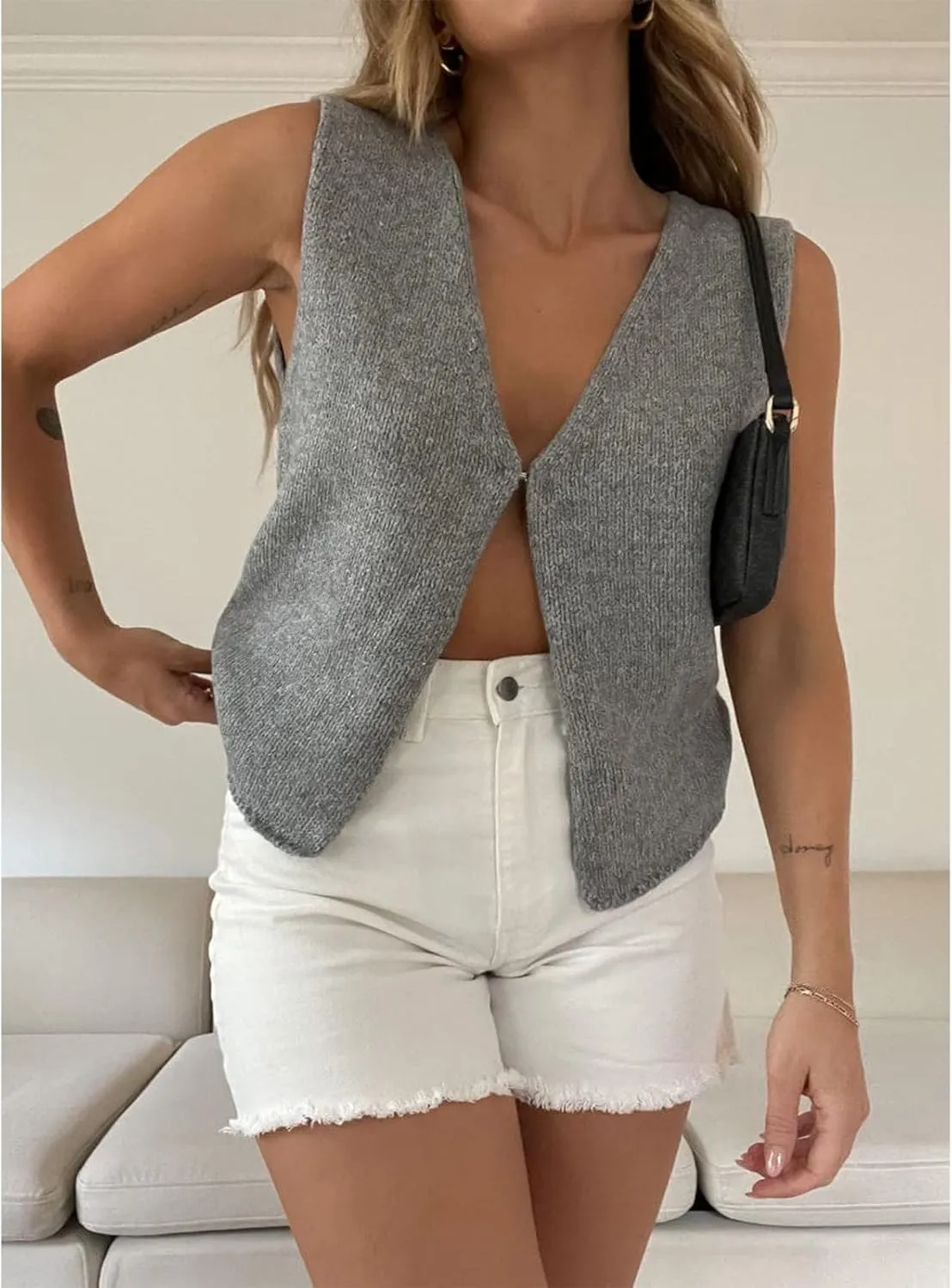 Women Vintage Crochet Vest Tank Top Y2k Sleeveless V Neck Knit Open Front Crop Top Streetwear