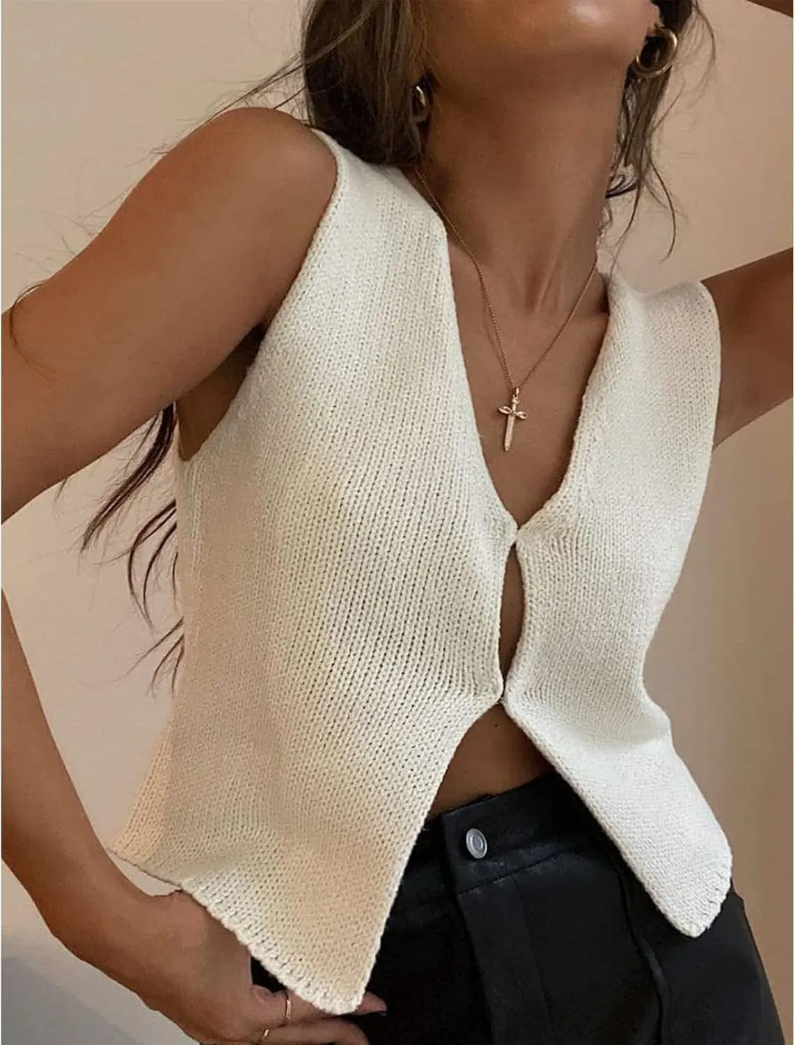 Women Vintage Crochet Vest Tank Top Y2k Sleeveless V Neck Knit Open Front Crop Top Streetwear