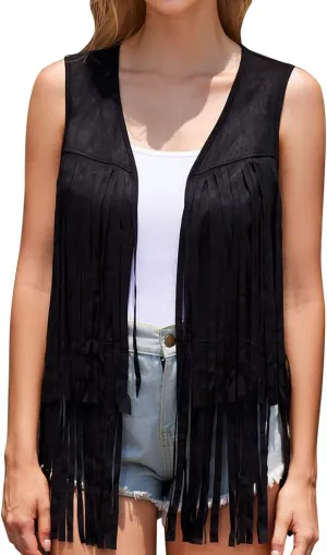 Women Western Black Fringe Vest Brown Cowgirl Sleeveless Faux Suede Tassel Vest 70s