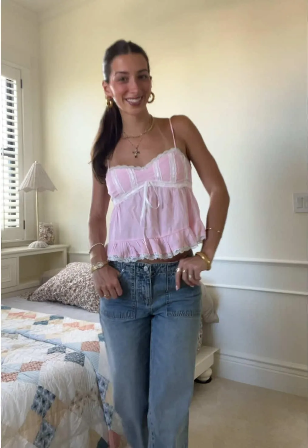 Women Y2k Babydoll Tank Top Spaghetti Strap Lace Trim Cami Peplum Top Flowy Sleeveless Shirts Camisole
