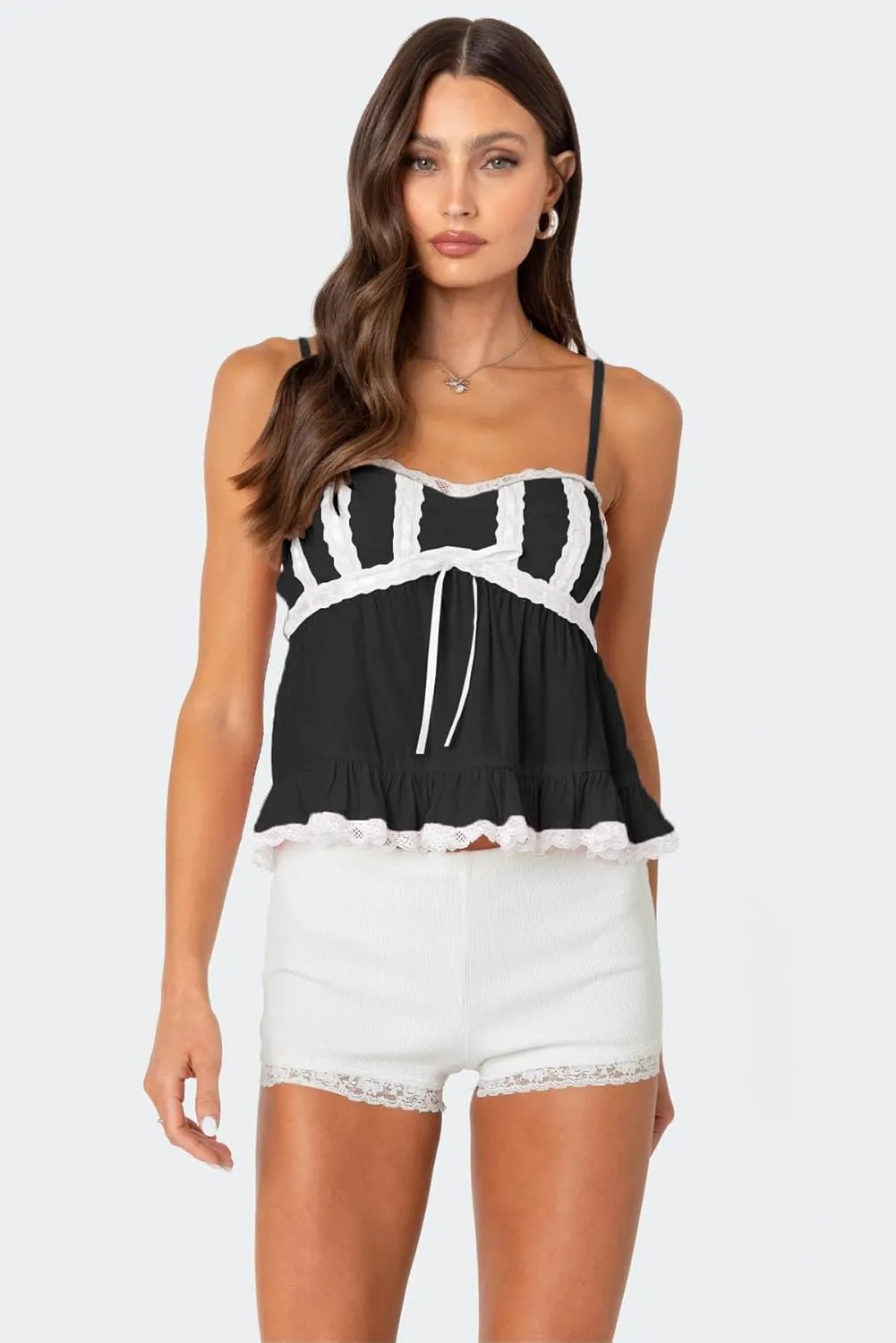 Women Y2k Babydoll Tank Top Spaghetti Strap Lace Trim Cami Peplum Top Flowy Sleeveless Shirts Camisole