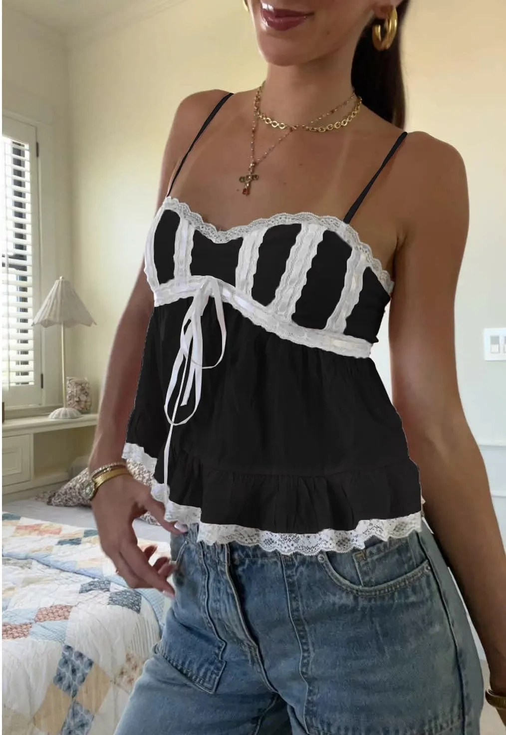 Women Y2k Babydoll Tank Top Spaghetti Strap Lace Trim Cami Peplum Top Flowy Sleeveless Shirts Camisole