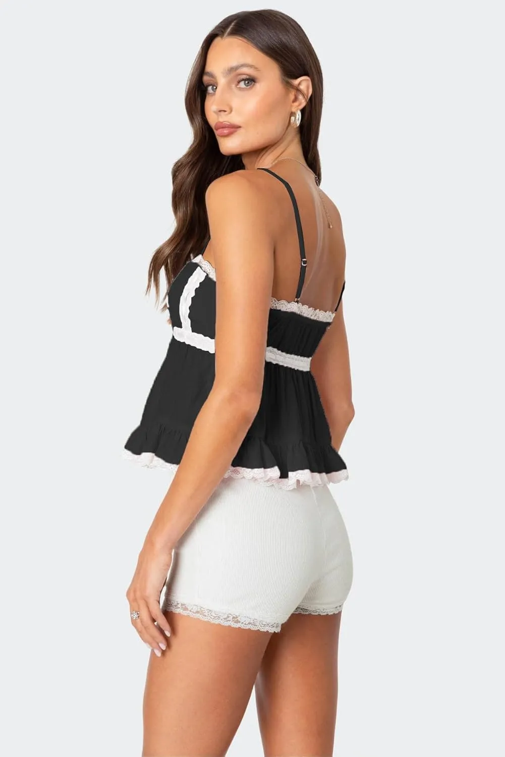 Women Y2k Babydoll Tank Top Spaghetti Strap Lace Trim Cami Peplum Top Flowy Sleeveless Shirts Camisole