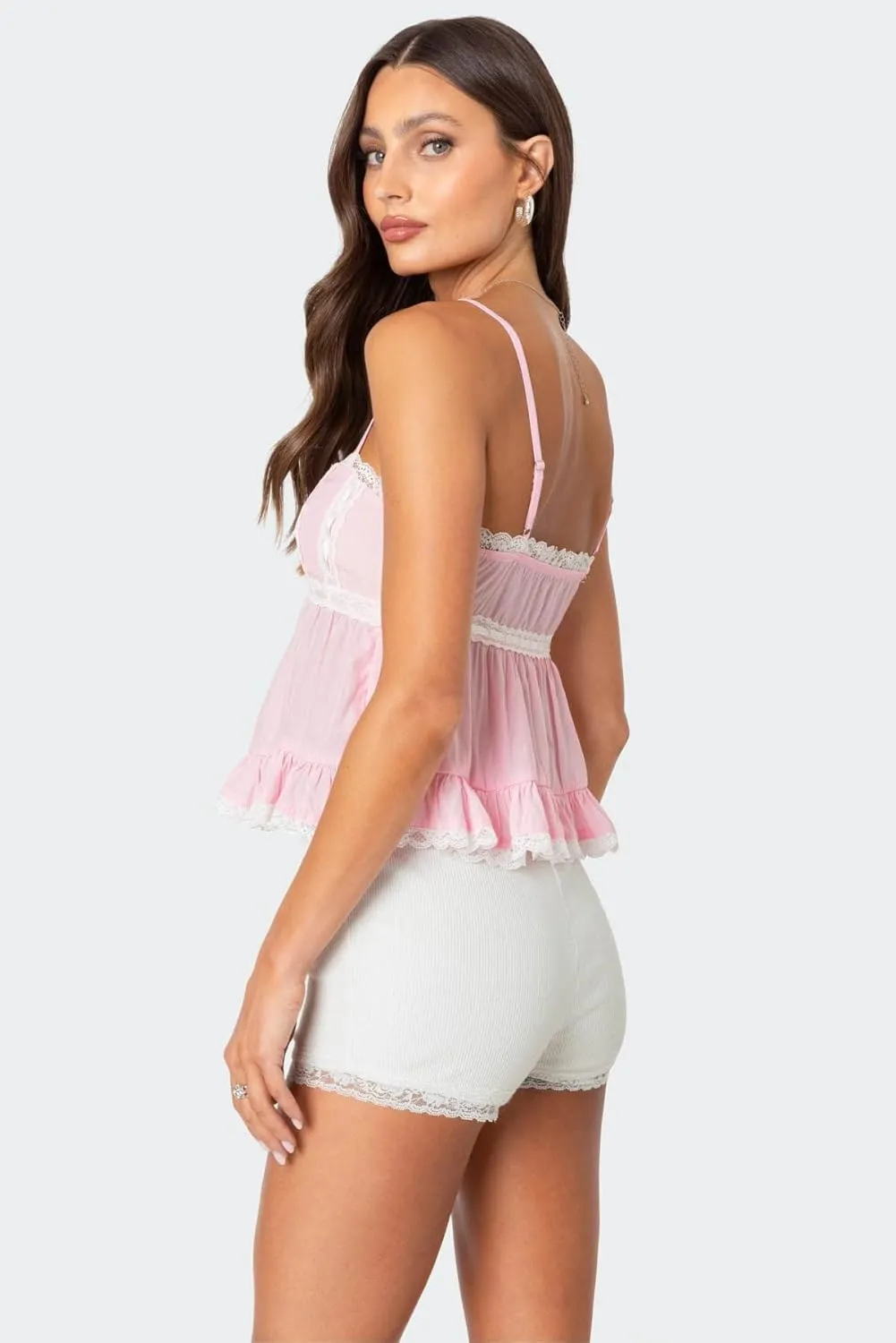 Women Y2k Babydoll Tank Top Spaghetti Strap Lace Trim Cami Peplum Top Flowy Sleeveless Shirts Camisole