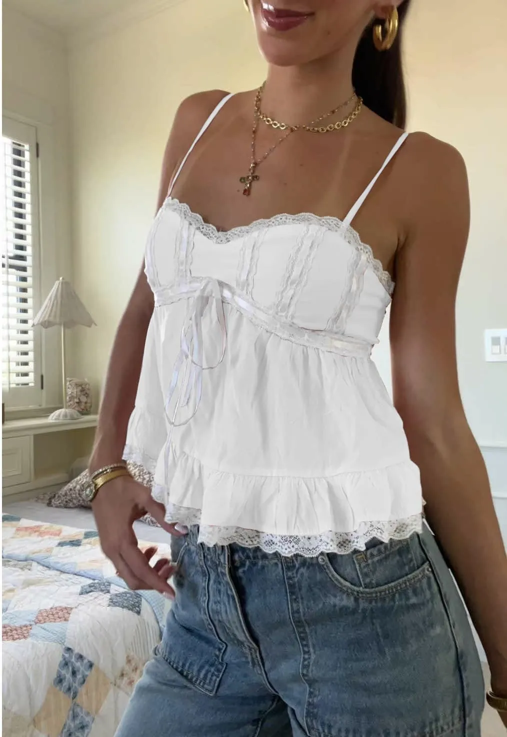 Women Y2k Babydoll Tank Top Spaghetti Strap Lace Trim Cami Peplum Top Flowy Sleeveless Shirts Camisole
