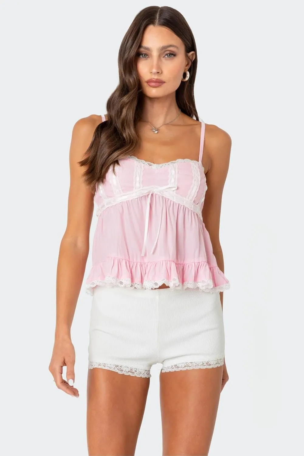 Women Y2k Babydoll Tank Top Spaghetti Strap Lace Trim Cami Peplum Top Flowy Sleeveless Shirts Camisole